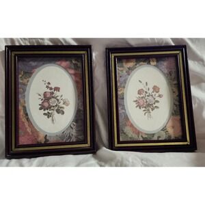 Pair Vintage Framed Floral Print Gold & Byrgundy‎ Frame Oval Floral Mat 7x5